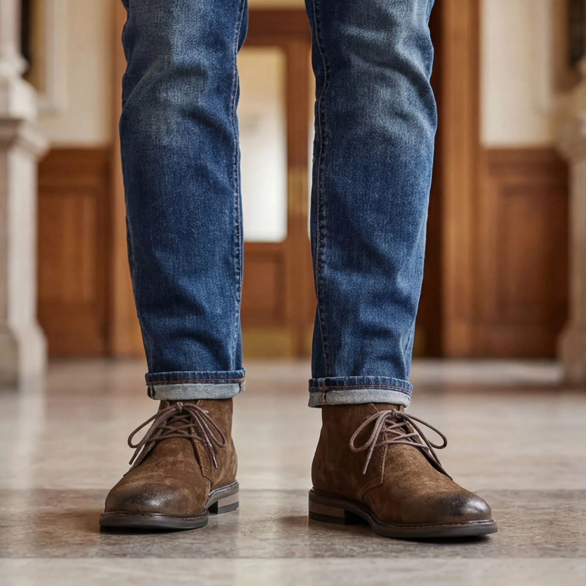 Bota Pampa Camurça com jeans de barra dobrada, de frente