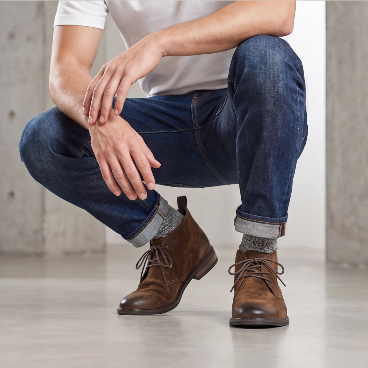 Bota Pampa Camurça com jeans, agachado