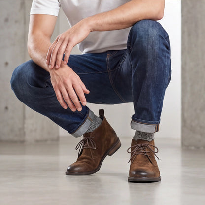 Bota Pampa Camurça com jeans, agachado