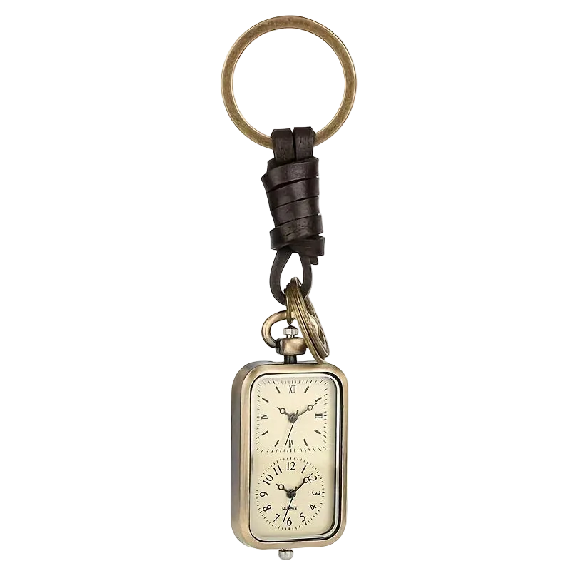 Chaveiro Relógio de Bolso Bronze sobre fundo branco, argola, tira de couro e relógio